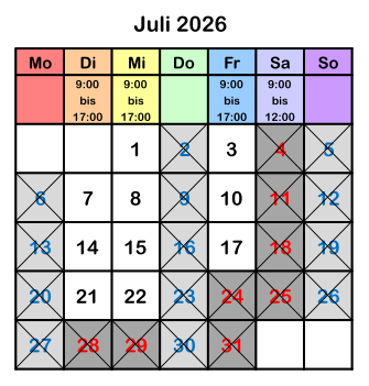 Öffnungszeiten Juli 2026