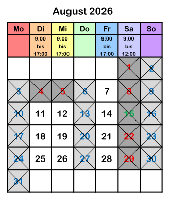 Öffnungszeiten August 2026