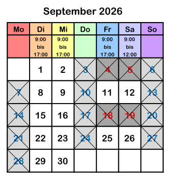 Öffnungszeiten September 2026